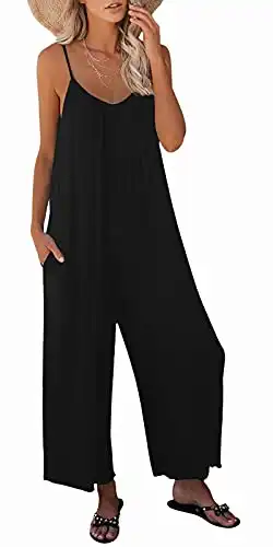 snugwind Womens Casual Sleeveless Strap Loose Adjustable Jumpsuits Stretchy Long Pants Romper with Pockets Small Black