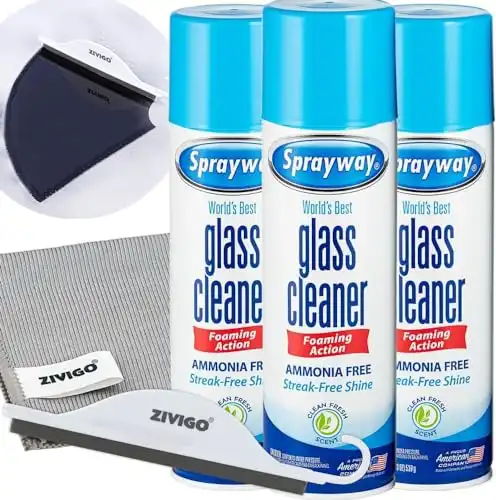 Sprayway Glass Cleaner, Foam Action, 19 Fl Oz, 3 Pack, Bundled With 1 Microfiber Cleaning Cloth And 1 Window Squeegee,
