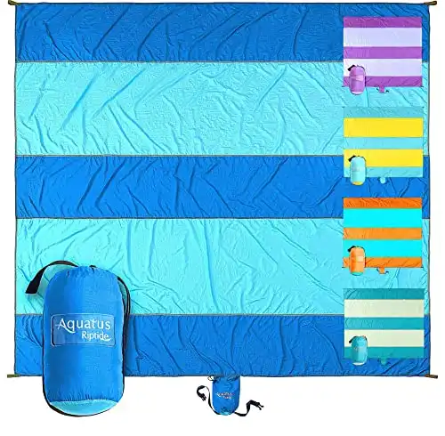 AQUATUS Premium XXL Beach Blanket Sandproof Water Resistant Quick Dry Mat 10ft by 9ft for 1-8 Adults with 4 Metal Stakes, 4 Corner Pockets, Secure Clip and Strap, and Attached Bag